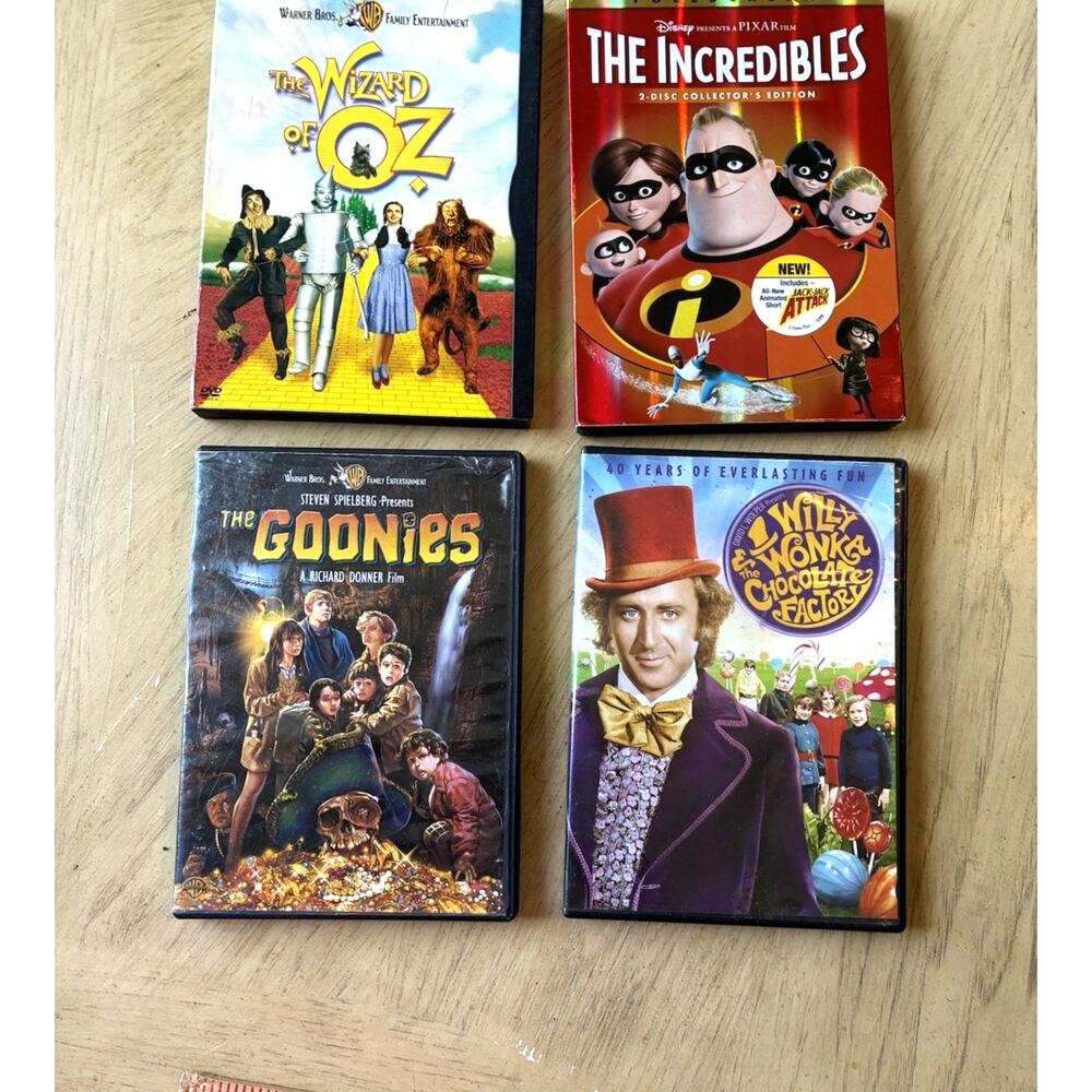LOT OF 4 DVDs Family Classic Wizard Of Oz, The Goonies, Willy Wonka, Incredibles